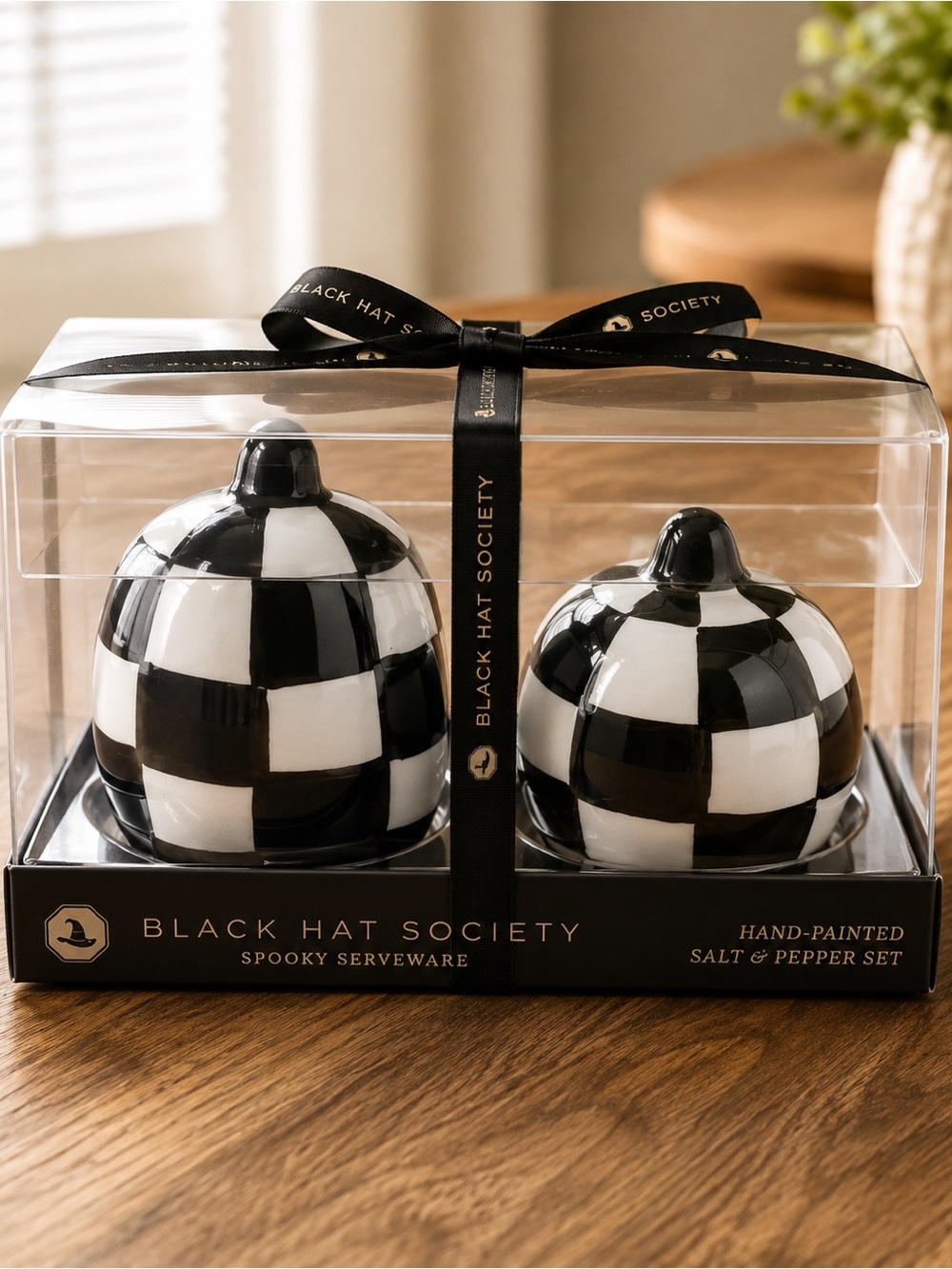 Hand-Painted Black & White Check Salt and Pepper Set